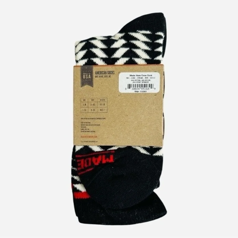 2 Pair MADE HERE Classic Crew Black White Zig Zag Cotton Unisex Socks Sz S/M NWT
